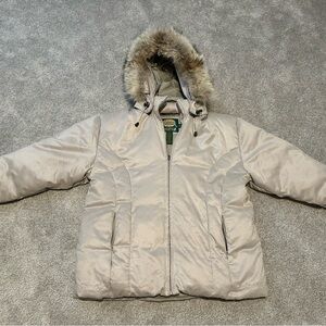 Cabelas Premier North Womens XL Beige Embroidered Goose Down Suede Jacket Parka